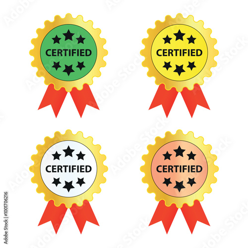 A gold certified badge with a ribbon, featuring the word "CERTIFIED" and five stars. It symbolizes quality, recognition, and high standards of achievement. Certified Badge Gold Silver Bronze Green.