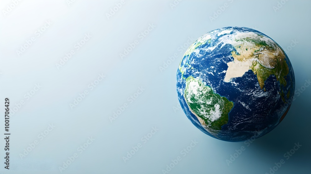 A highly detailed view of planet Earth from space, showcasing the vibrant blue oceans and green continents against a light solid color background A highly detailed view of planet Earth from space, showcasing the vibrant blue oceans and green continents against a light solid color background
