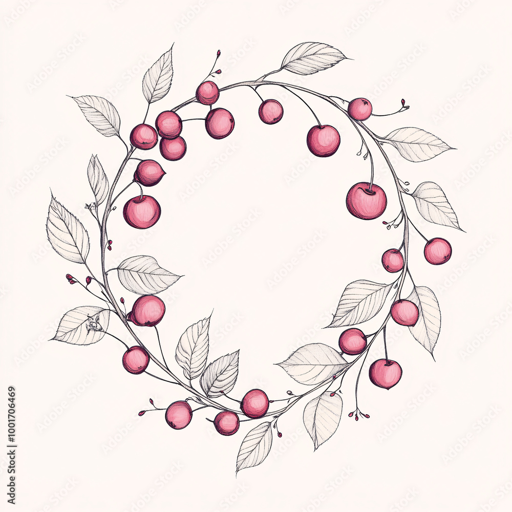 Delicate Hand-Drawn Wreath with Red Cherries and Green Leaves, Circular Botanical Design Delicate Hand-Drawn Wreath with Red Cherries and Green Leaves, Circular Botanical Design