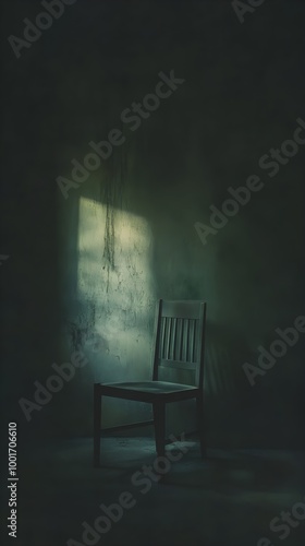 An empty chair in a darkened room, with a faint light casting eerie shadows, evoking a sense of suspense