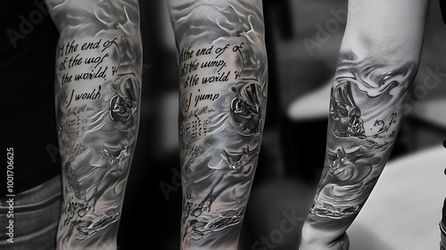 Black and Grey Tattoo of Wolf Howling at the Moon on Man's Arm with Quote photo