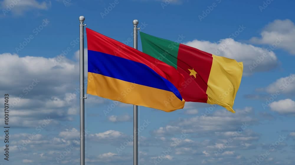 Cameroon and Armenia flags flying together, video concept of the relationship, two country relations concept Cameroon and Armenia flags flying together, video concept of the relationship, two country relations concept