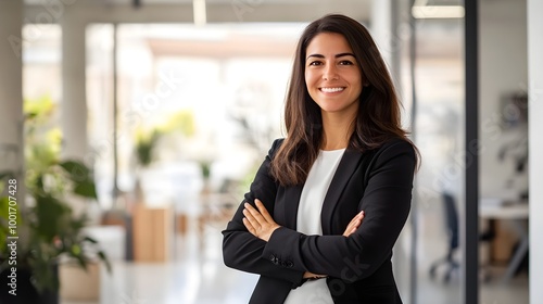 A professional real estate agent standing confidently with arms crossed, smiling at the camera, in a bright office setting Free Download A professional real estate agent standing confidently with arms crossed, smiling at the camera, in a bright office setting - GFXLoad