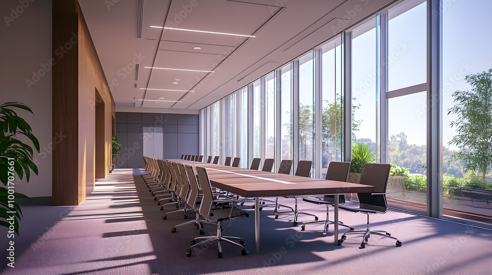 Fototapeta premium An empty conference room with a long table and comfortable chairs, natural light pouring in from large windows