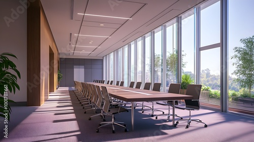 An empty conference room with a long table and comfortable chairs, natural light pouring in from large windows