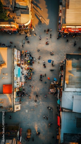 Aerial view of a bustling commercial district with various storefronts and busy streets photo