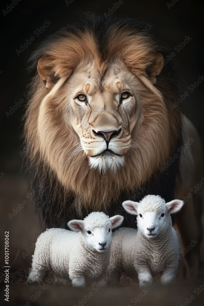 A lion with two lambs rests together in a serene environment creating a striking contrast A lion with two lambs rests together in a serene environment creating a striking contrast
