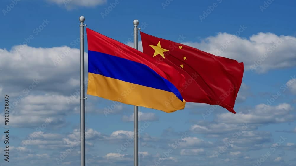 China and Armenia flags flying together, video concept of the relationship, two country relations concept China and Armenia flags flying together, video concept of the relationship, two country relations concept