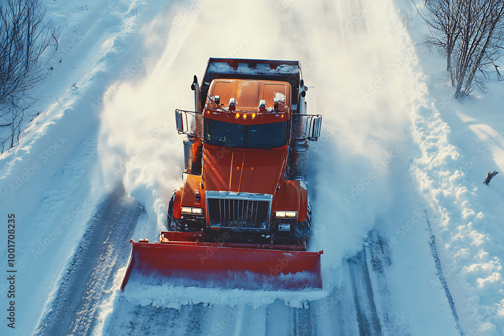 A snow plow clearing the streets, showcasing winter road maintenance and efficient snow removal. A snow plow clearing the streets, showcasing winter road maintenance and efficient snow removal.