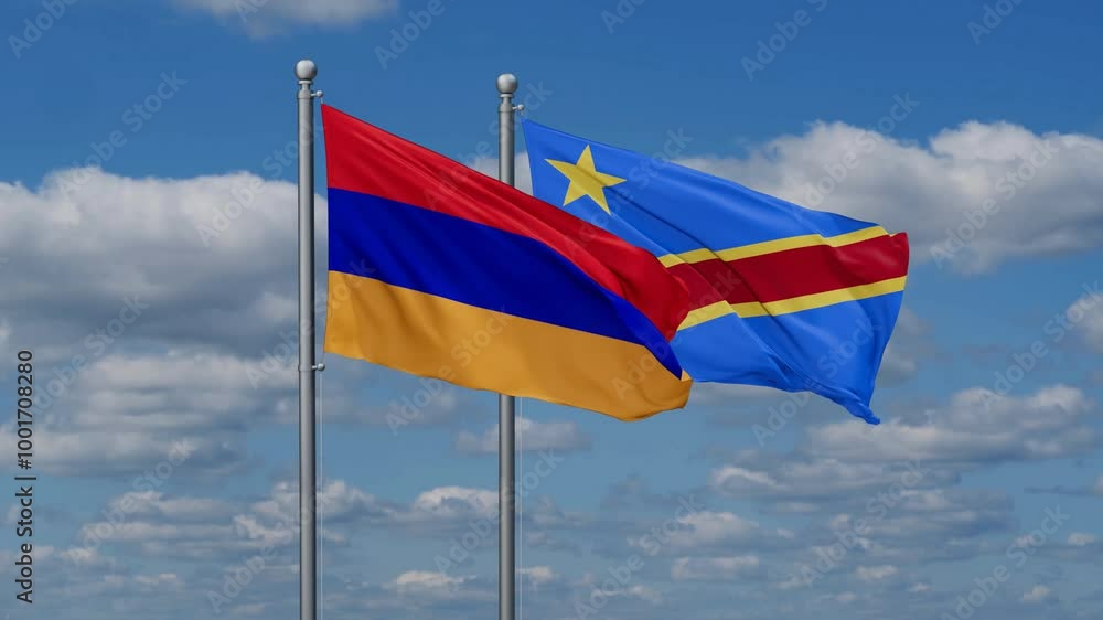 Democratic Republic of the Congo and Armenia flags flying together, video concept of the relationship, two country relations concept Democratic Republic of the Congo and Armenia flags flying together, video concept of the relationship, two country relations concept