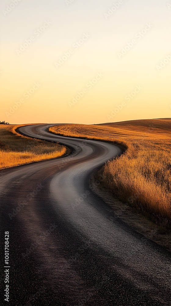 Fototapeta premium A deserted rural road winding through an open field, with a warm golden sunset casting a soft glow on the pavement