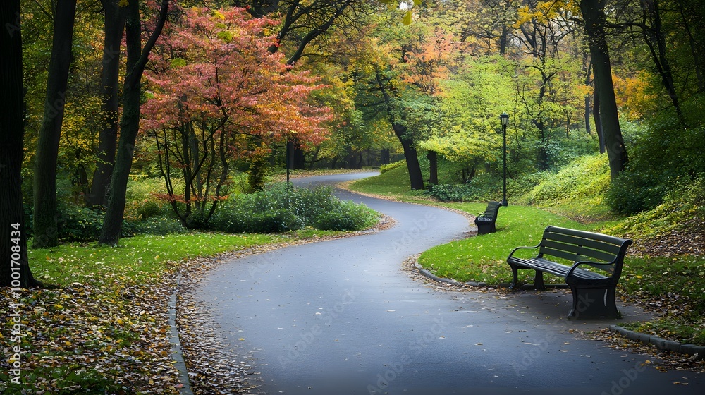 Wide shot of a serene road winding through a city park, with colorful trees and benches, perfect for relaxation Wide shot of a serene road winding through a city park, with colorful trees and benches, perfect for relaxation