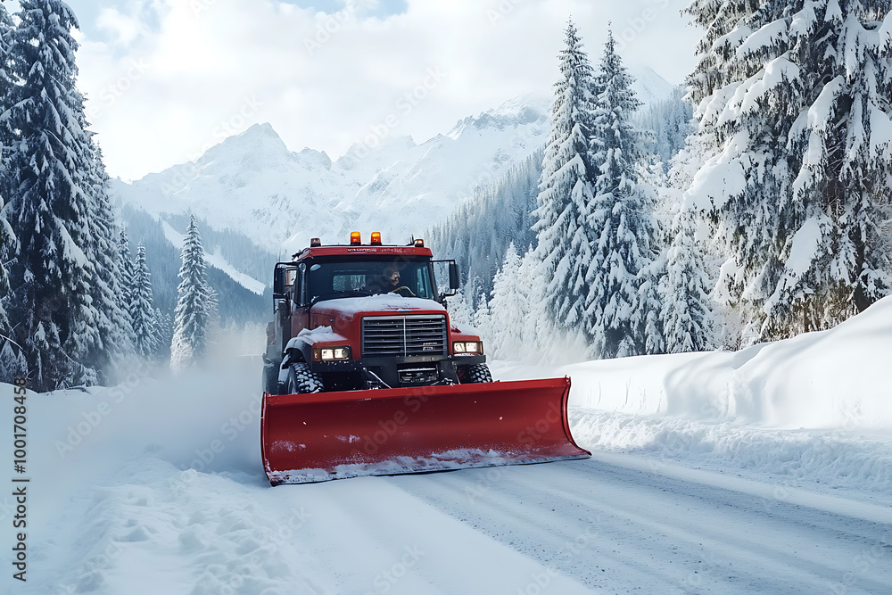 A snow plow clearing the streets, showcasing winter road maintenance and efficient snow removal. A snow plow clearing the streets, showcasing winter road maintenance and efficient snow removal.