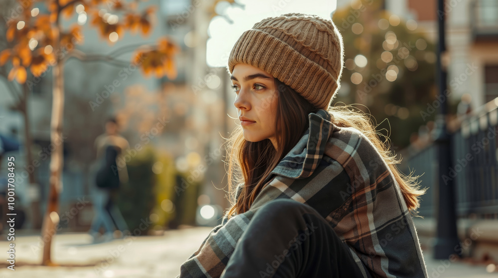 A woman sitting on a bench in the middle of a city A woman sitting on a bench in the middle of a city