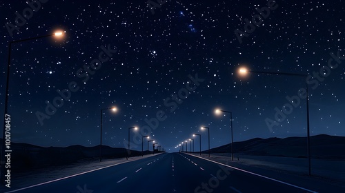 A deserted highway illuminated by streetlights, with a clear night sky filled with stars photo