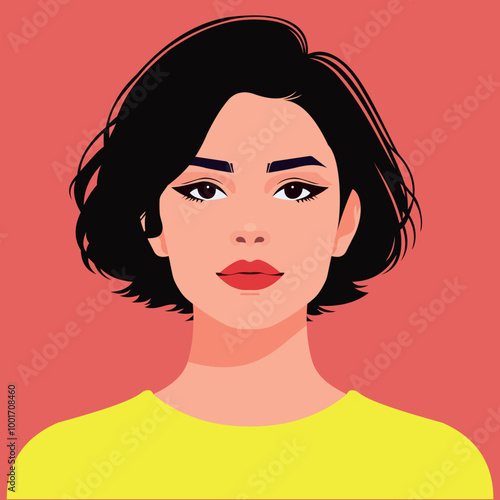 Minimalist vector portrait of a young woman with short black bob haircut. She wears a Yellow t-shirt against a light Red background