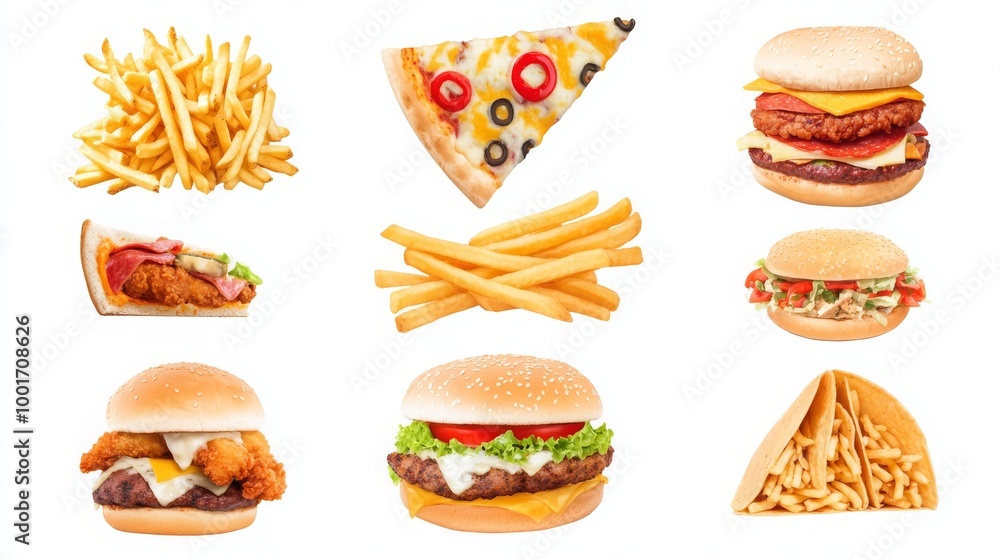 A collection of fast food items including fried chicken, fries, pizza, sandwiches, and tacos, isolated on a white background. A collection of fast food items including fried chicken, fries, pizza, sandwiches, and tacos, isolated on a white background.