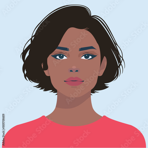 A minimalist vector portrait of a young woman with short dark hair, deep skin tone, and a red top. The illustration features a calm and confident expression with smooth shading and modern design.