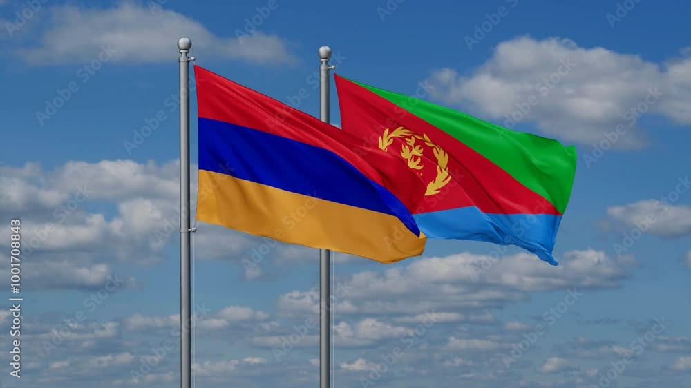 Eritrea and Armenia flags flying together, video concept of the relationship, two country cooperation concept Eritrea and Armenia flags flying together, video concept of the relationship, two country cooperation concept