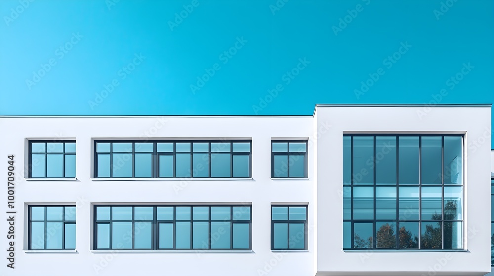 A modern school building with large windows, featuring a bright and inviting facade against a light solid color background A modern school building with large windows, featuring a bright and inviting facade against a light solid color background