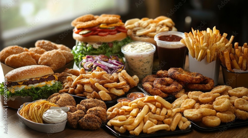 A variety of fast food displayed on a table, ready for a meal. - A variety of fast food displayed on a table, ready for a meal. -