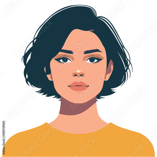A minimalist vector illustration of a young woman with short dark hair, wearing a mustard yellow top. The portrait showcases her calm expression, creating a modern and stylish look.