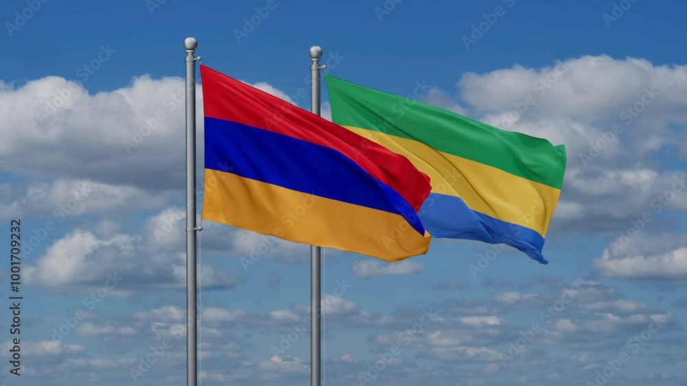 Gabon and Armenia flags flying together, video concept of the relationship, two country relations concept Gabon and Armenia flags flying together, video concept of the relationship, two country relations concept