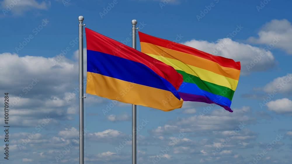 LGBT movement flag also Gay Pride and Armenia two flags waving cycle looped video, tolerance conception in country LGBT movement flag also Gay Pride and Armenia two flags waving cycle looped video, tolerance conception in country