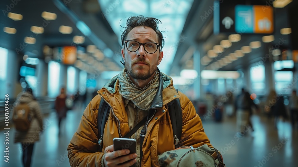 A man in a yellow jacket and scarf looking at his phone A man in a yellow jacket and scarf looking at his phone