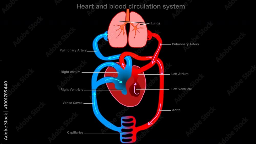Blood flow, circulation system animation. Heart beat. Pulmonary, systemic anatomy, diagram. Human circulatory system. Explanations. Loop animated of blood stream, arrows. Alpha channel video footage