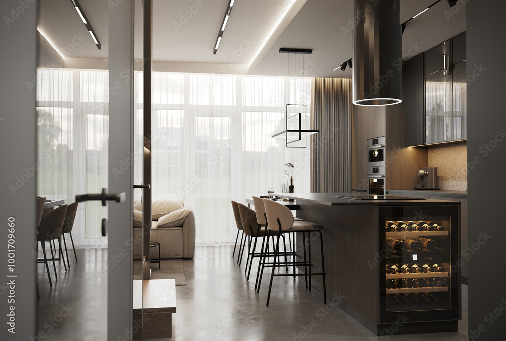 visualization of a dark modern interior of kitchen and livind room, glossy surface, 3d rendering, cg illustration visualization of a dark modern interior of kitchen and livind room, glossy surface, 3d rendering, cg illustration