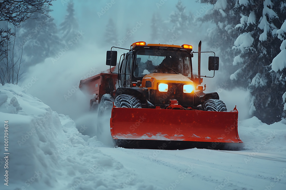 A snow plow clearing the streets, showcasing winter road maintenance and efficient snow removal. A snow plow clearing the streets, showcasing winter road maintenance and efficient snow removal.