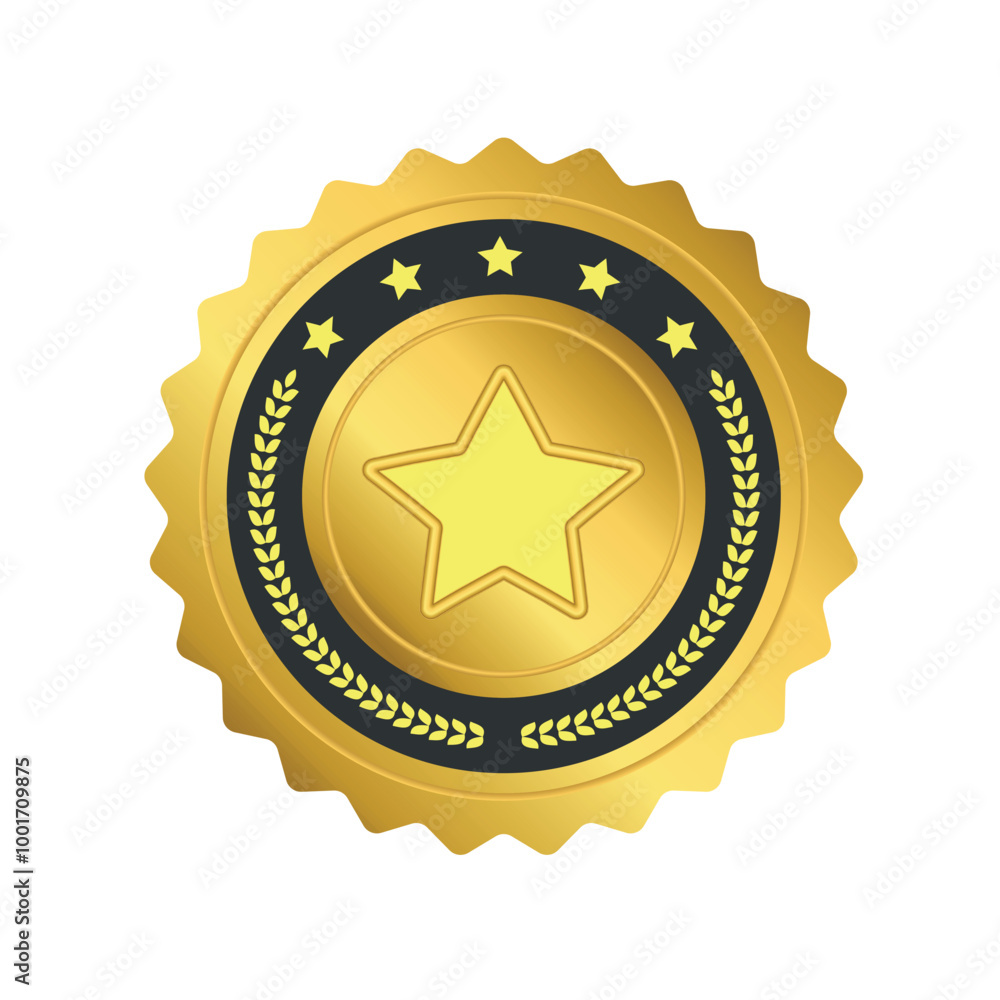A golden badge with a central star, surrounded by a laurel wreath and five stars on a black circular background. The badge has a scalloped edge, representing quality, excellence, and recognition. A golden badge with a central star, surrounded by a laurel wreath and five stars on a black circular background. The badge has a scalloped edge, representing quality, excellence, and recognition.