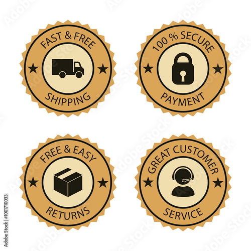 Shipping and Returns" badge in shades of brown and light brown, featuring icons for fast shipping and easy returns. Perfect for e-commerce, marketing, and promotional materials to enhance trust