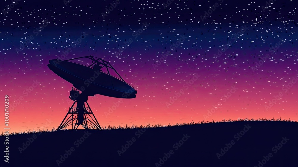 A large satellite dish stands against a vibrant pink, purple, and blue night sky filled with stars. A large satellite dish stands against a vibrant pink, purple, and blue night sky filled with stars.