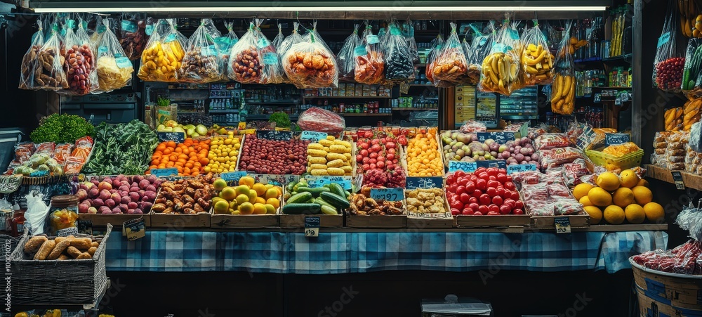 A vibrant farmer market stall with an array of fresh produce A vibrant farmer market stall with an array of fresh produce