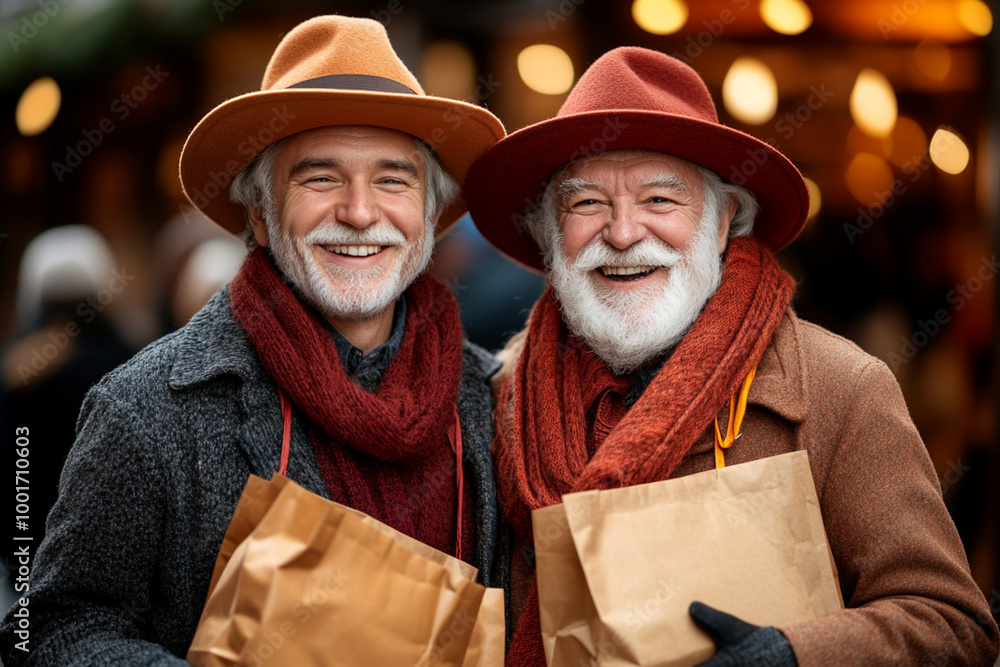 portrait two elegant men in hats walking with shopping bags portrait two elegant men in hats walking with shopping bags