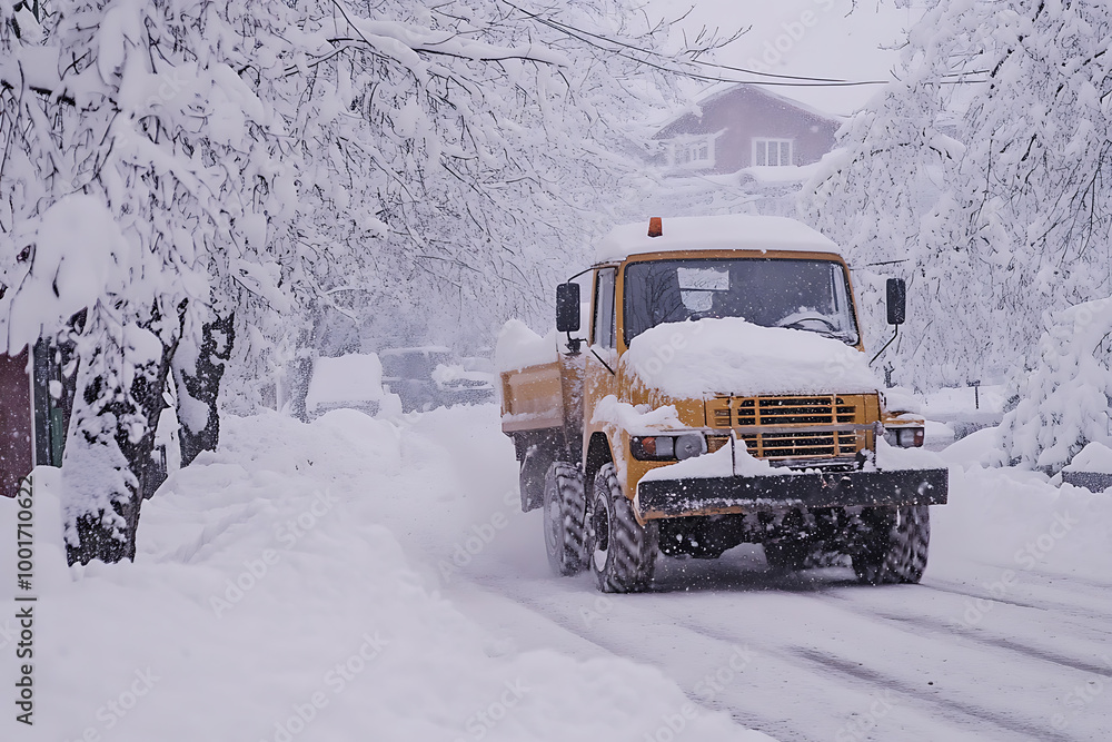 A snow plow clearing the streets, showcasing winter road maintenance and efficient snow removal. A snow plow clearing the streets, showcasing winter road maintenance and efficient snow removal.