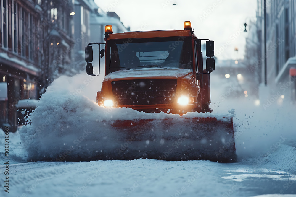 A snow plow clearing the streets, showcasing winter road maintenance and efficient snow removal. A snow plow clearing the streets, showcasing winter road maintenance and efficient snow removal.