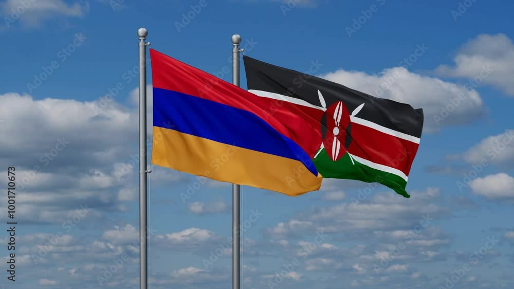 Kenya and Armenia flags flying together, video concept of the relationship, two country relations concept Kenya and Armenia flags flying together, video concept of the relationship, two country relations concept