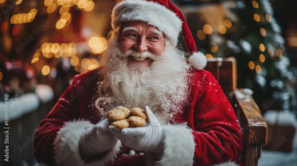 Santa Claus joyfully holding cookies while sitting in a cozy, decorated setting during the festive season Santa Claus joyfully holding cookies while sitting in a cozy, decorated setting during the festive season