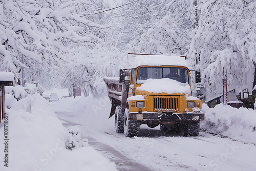 A snow plow clearing the streets, showcasing winter road maintenance and efficient snow removal.