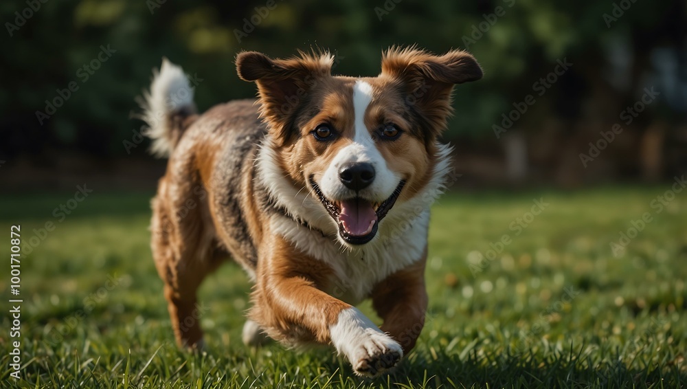 Mixed breed dog running on grass. Mixed breed dog running on grass.
