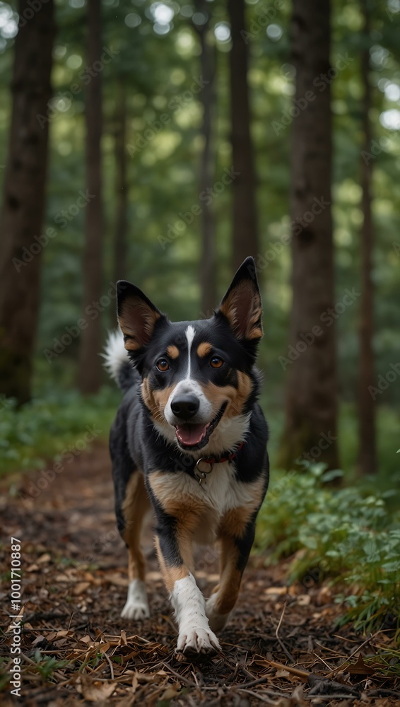 Mixed breed dog walking in the forest. Mixed breed dog walking in the forest.