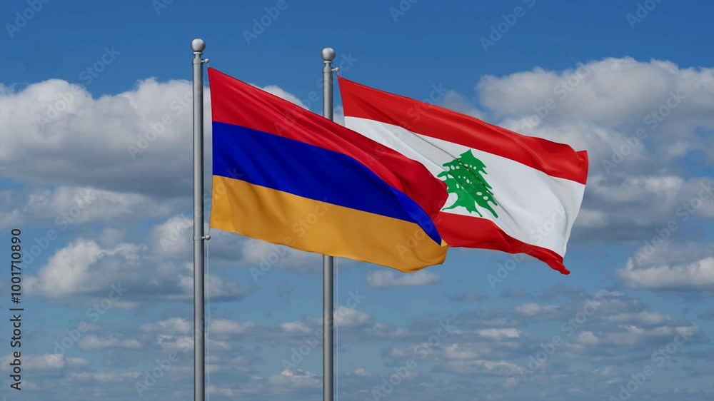 Lebanon and Armenia flags flying together, video concept of the relationship, two country cooperation concept Lebanon and Armenia flags flying together, video concept of the relationship, two country cooperation concept