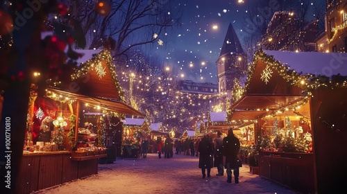 Enchanting christmas market with glimmering lights and joyful carolers celebrating the season