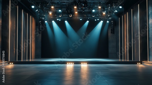 Empty stage with dramatic lighting and spotlights