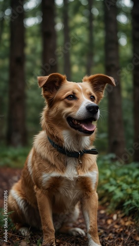 Mixed breed dog walking in the forest.