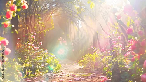 Magical forest path with soft sunlight, blooming flowers, vibrant colors, and serene fairytale nature atmosphere photo