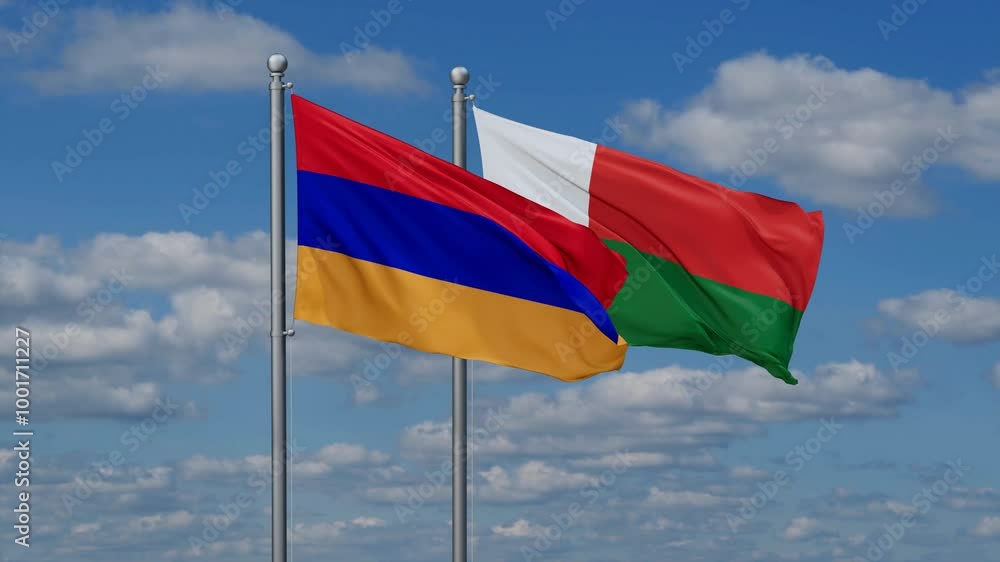 Madagascar and Armenia flags flying together, video concept of the relationship, two country relations concept Madagascar and Armenia flags flying together, video concept of the relationship, two country relations concept